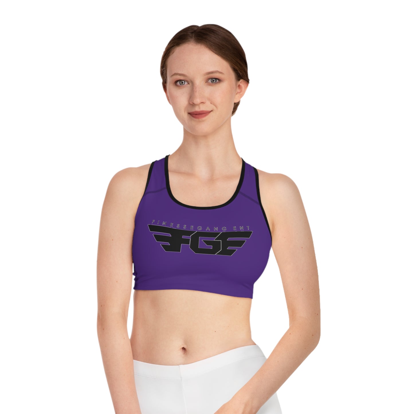 Purple FGE Fitness Sports Bra with Logo Designs, Gym Wear, Workout Gear, Athletic Apparel, Fitness Gift for Her