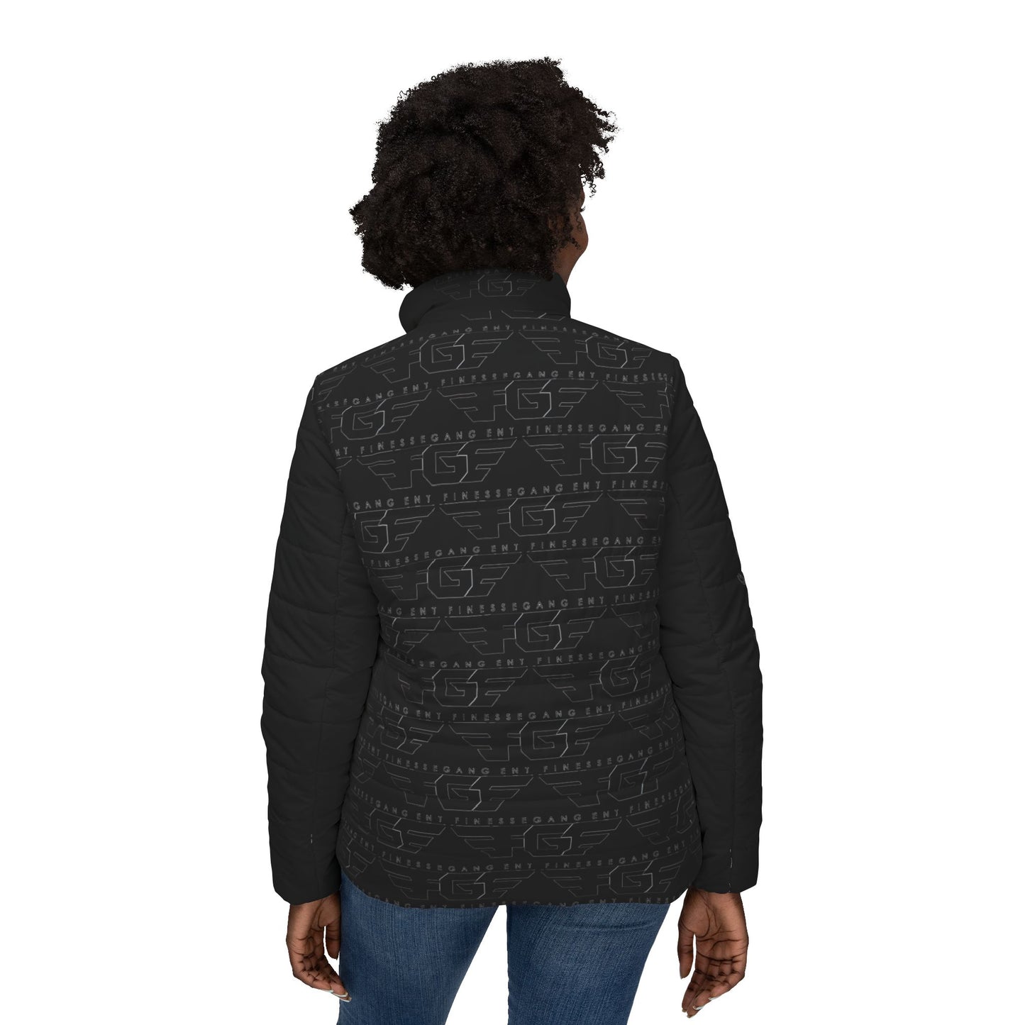 Women’s FGE Black Puffer Jacket — Insulated All-Over Printed Winter Coat