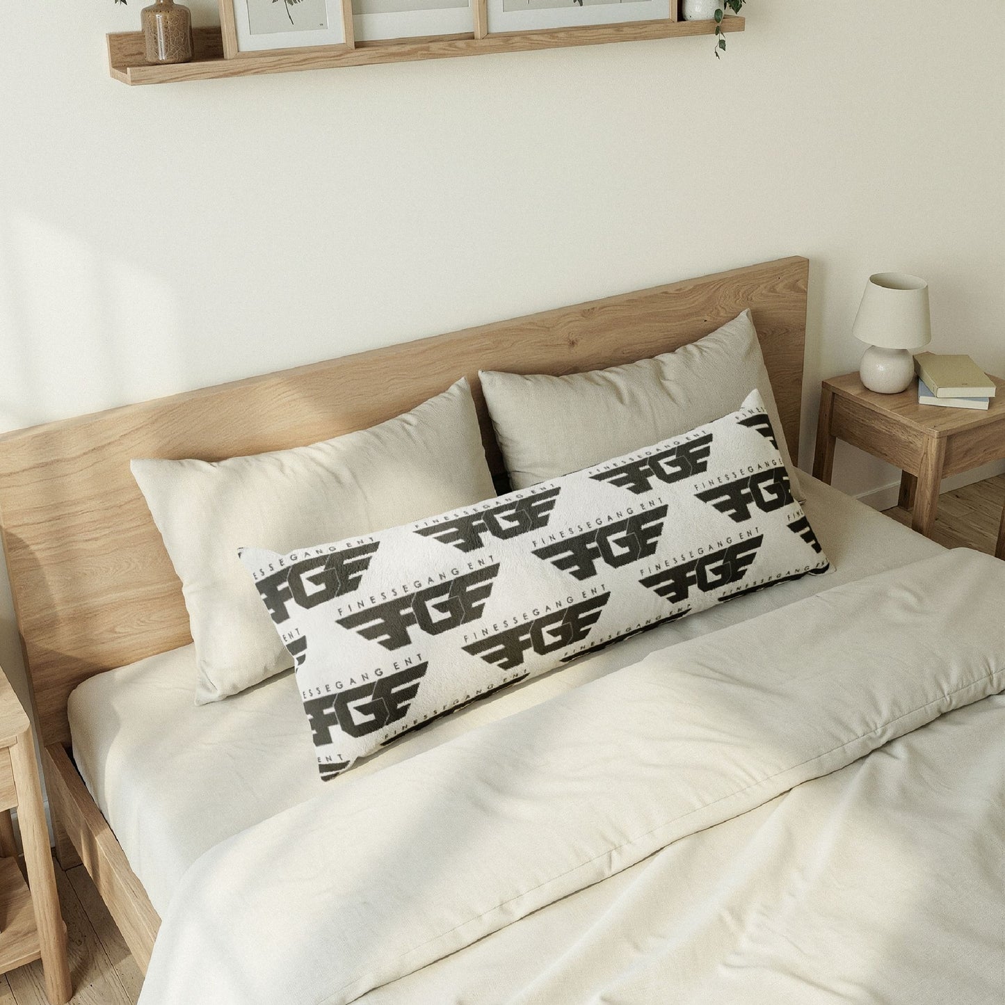 FGE Body Pillow — Monochrome FGF Logo Pattern Long Lumbar Pillow for Lounge & Gaming