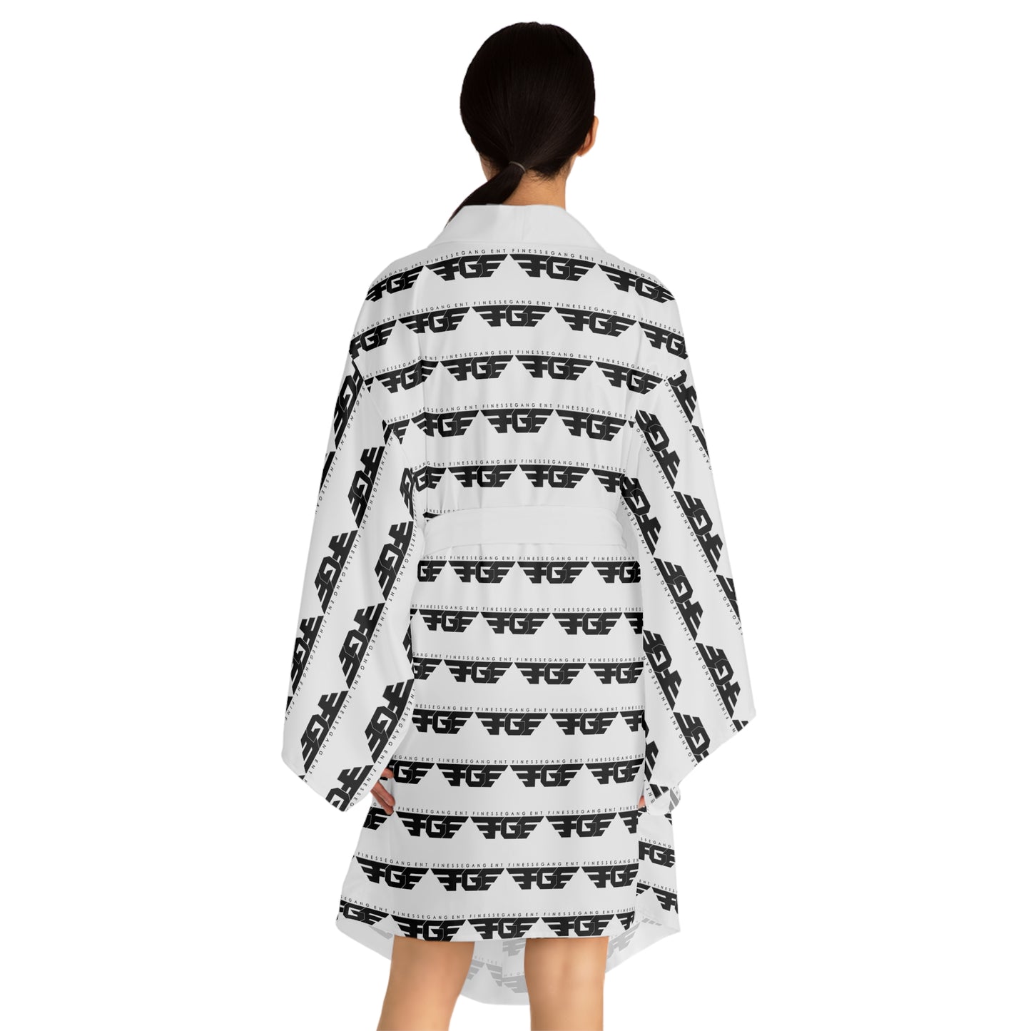 Trendy FGE Black and White Long Sleeve Kimono Robe