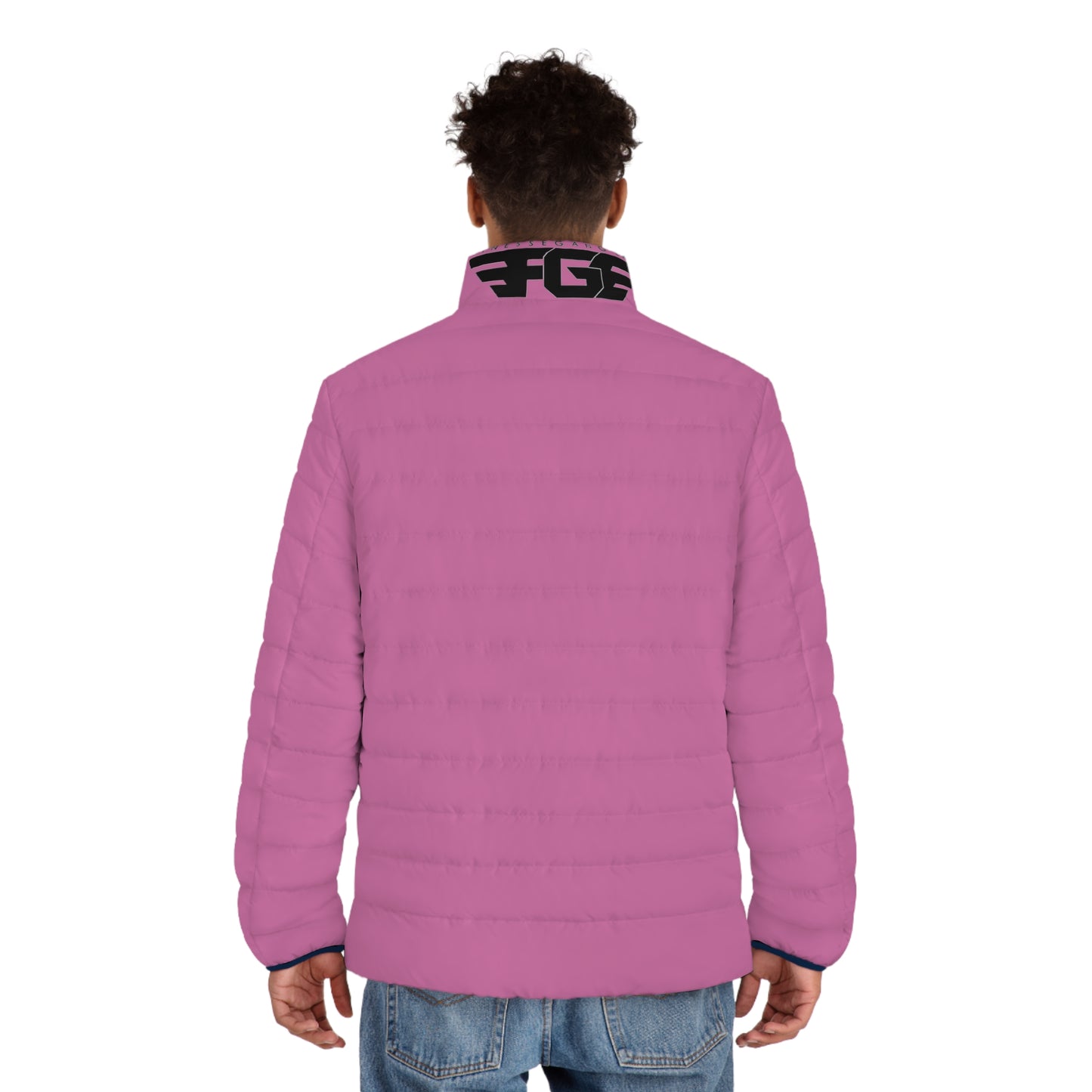 Pink Logo Puffer Jacket — Men's Lightweight Quilted Coat with FG Wing Graphic