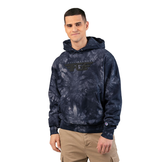 FGE Embroidered Tie-Dye Hoodie — Black/Charcoal Champion-Style Pullover