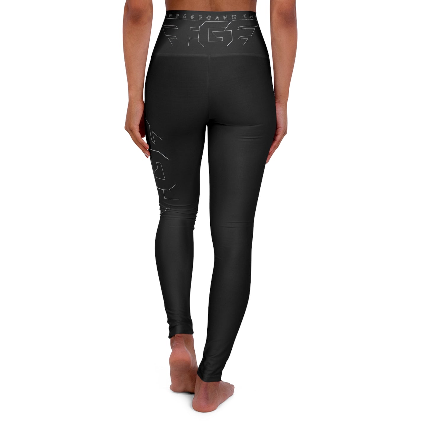 BLACK FGE High-Waist Yoga Leggings — Sleek Black AOP with Subtle Side Logo