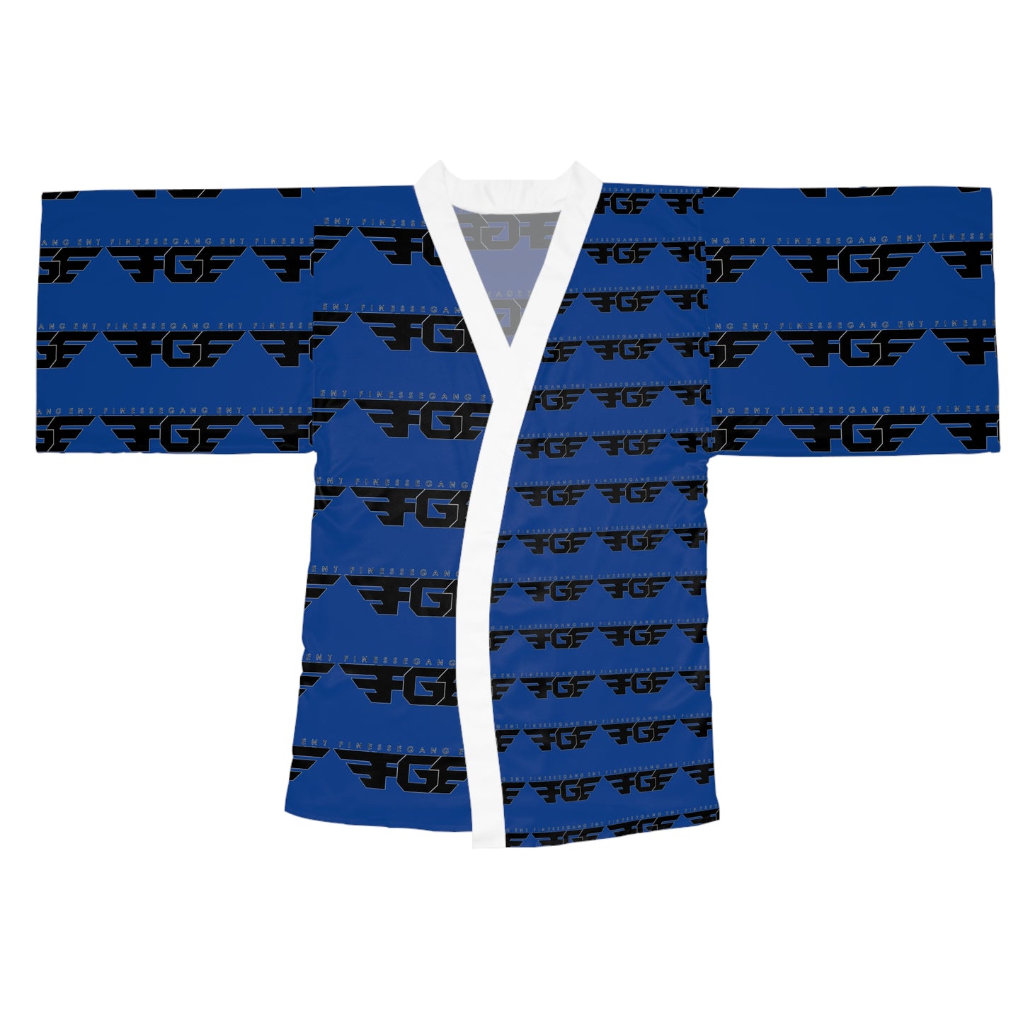 Stylish Blue FGE Long Sleeve Kimono Robe with Graphic Print