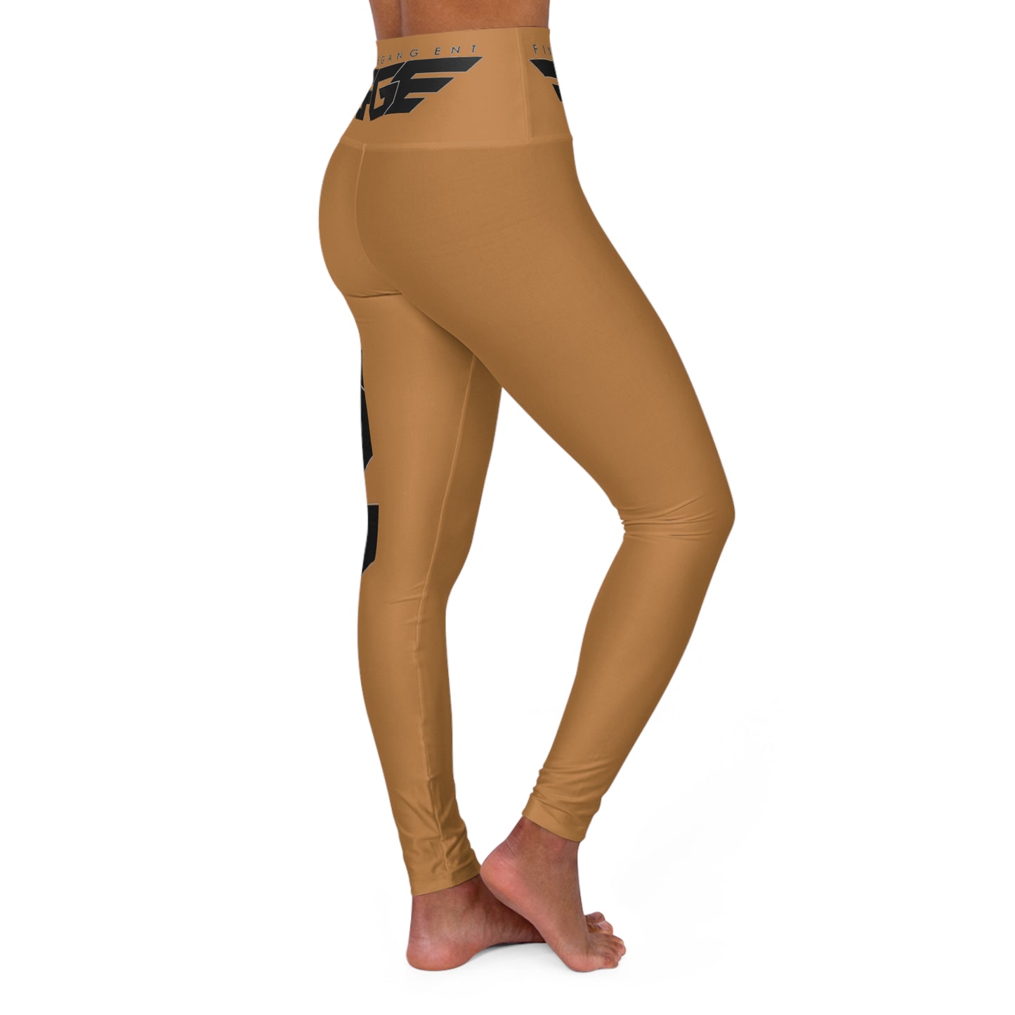BROWN FGE High-Waisted Yoga Leggings — Tan Athletic Leggings with Bold Black Logo