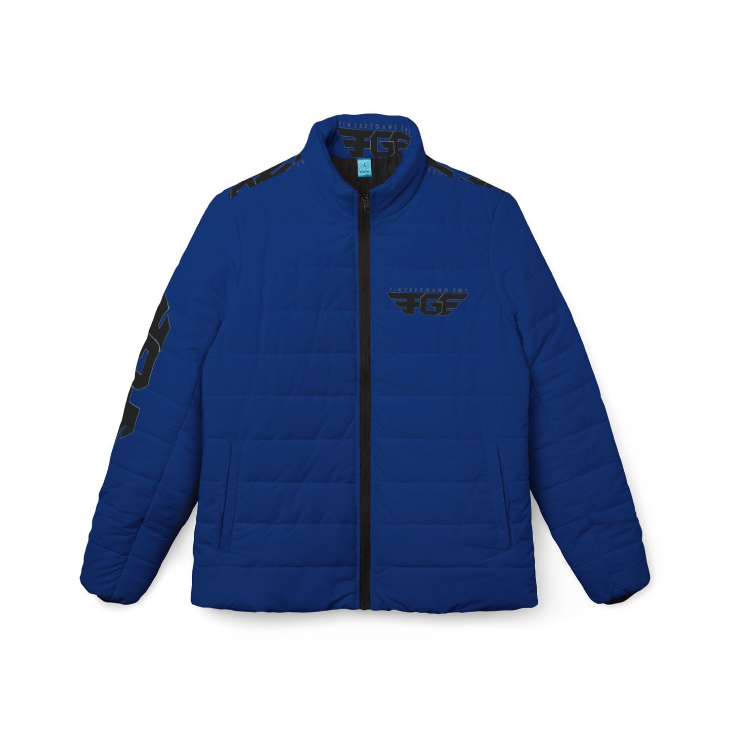 Blue FGE Logo Stripe Puffer Jacket — Women’s Quilted Winter Coat