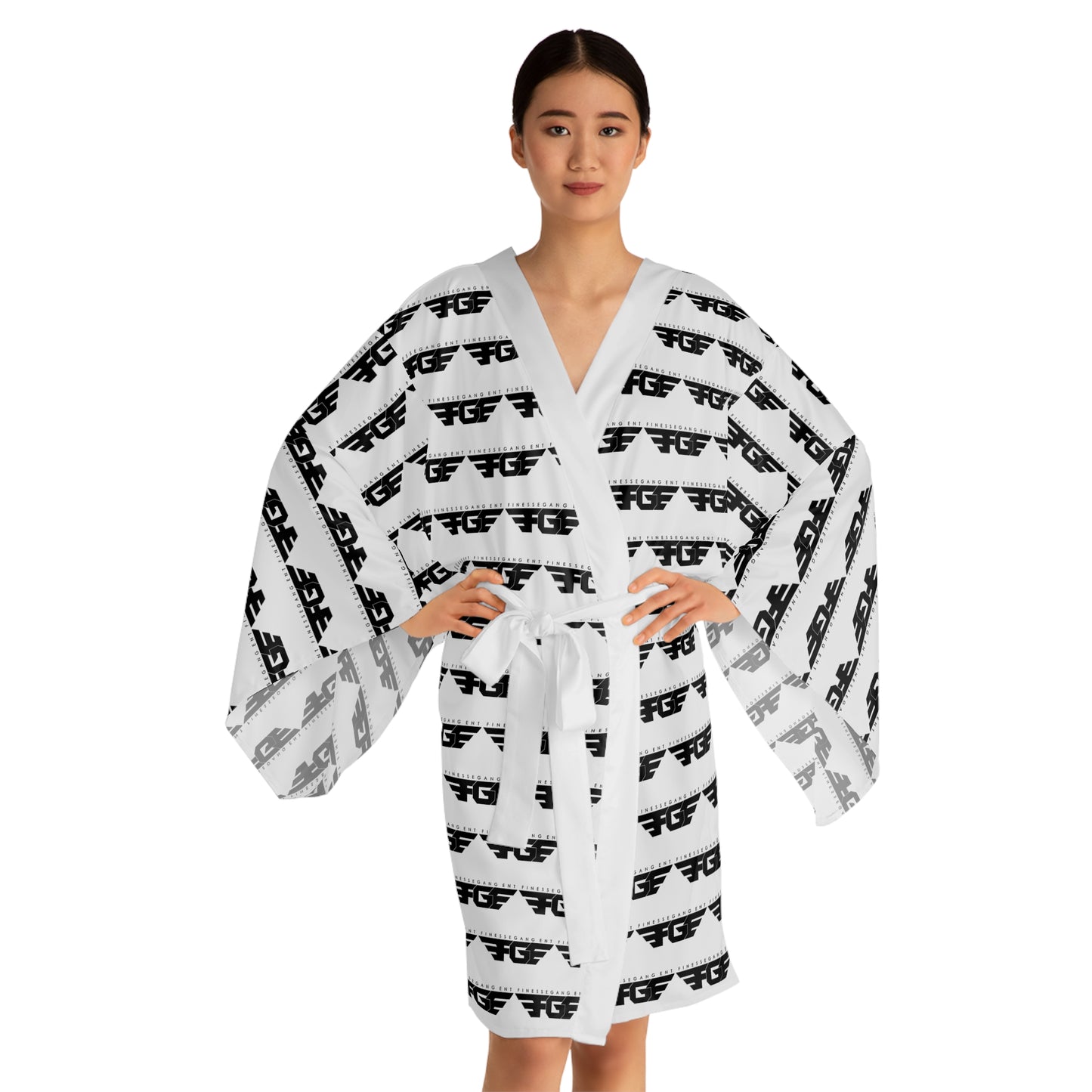 Trendy FGE Black and White Long Sleeve Kimono Robe