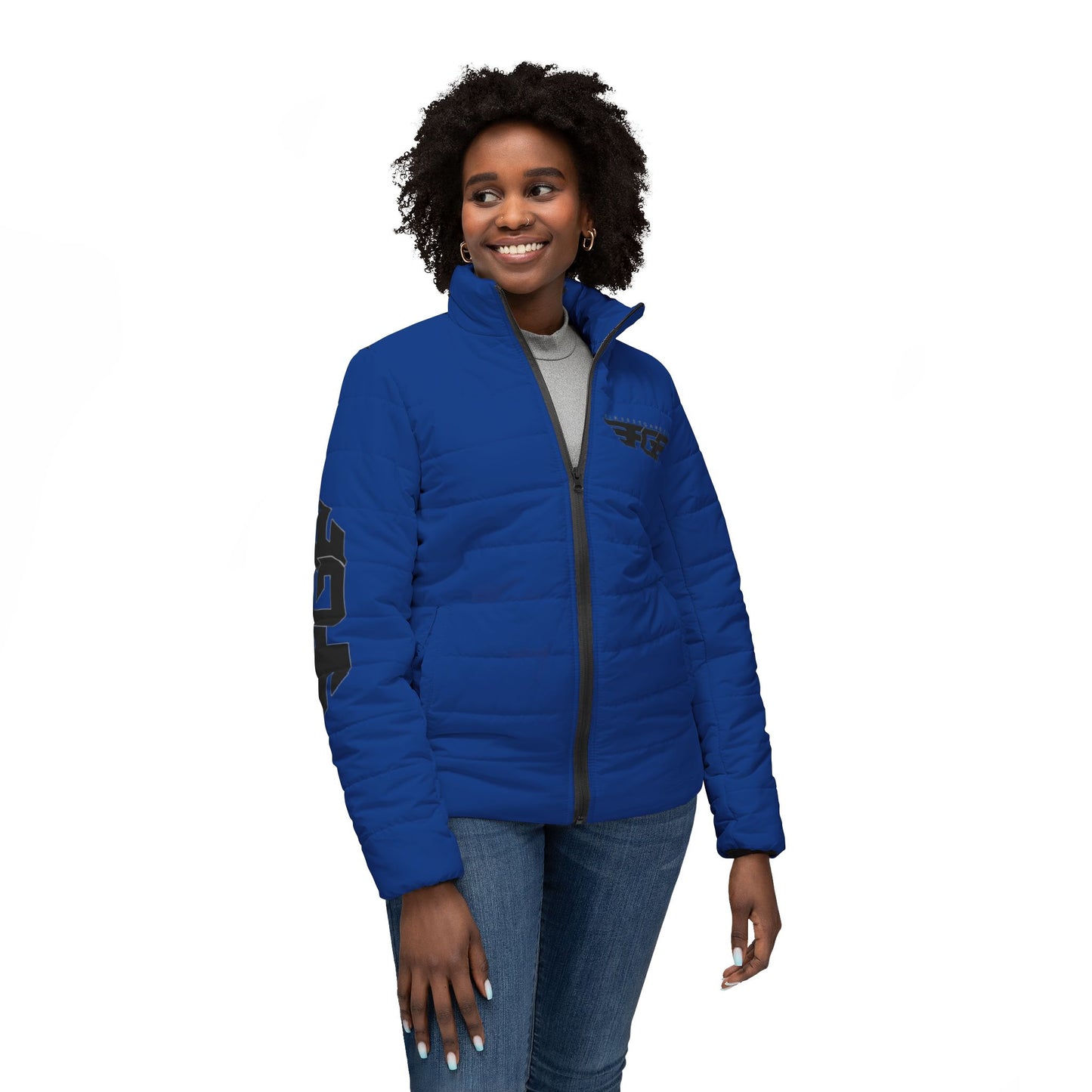 Blue FGE Logo Stripe Puffer Jacket — Women’s Quilted Winter Coat
