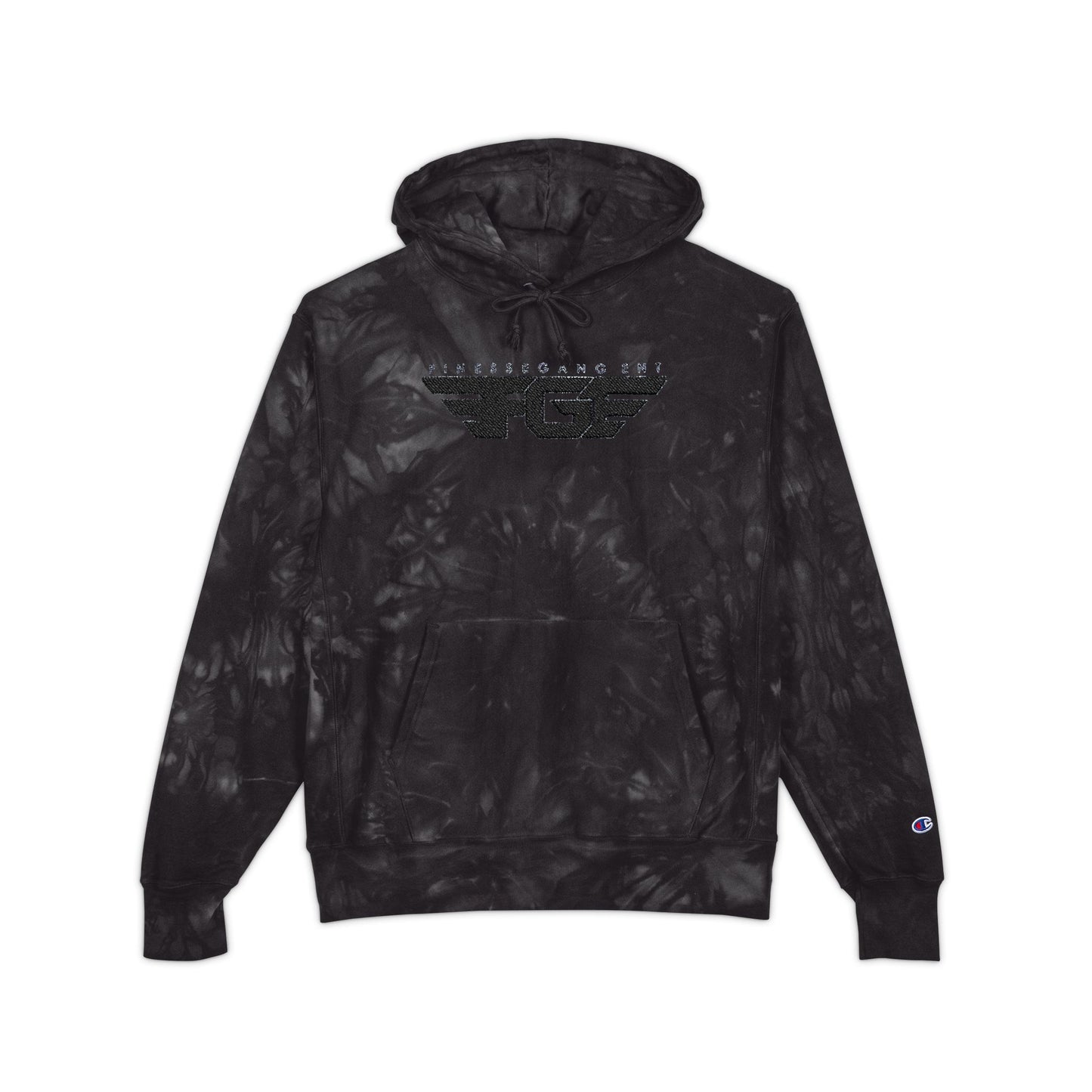 FGE Embroidered Tie-Dye Hoodie — Black/Charcoal Champion-Style Pullover
