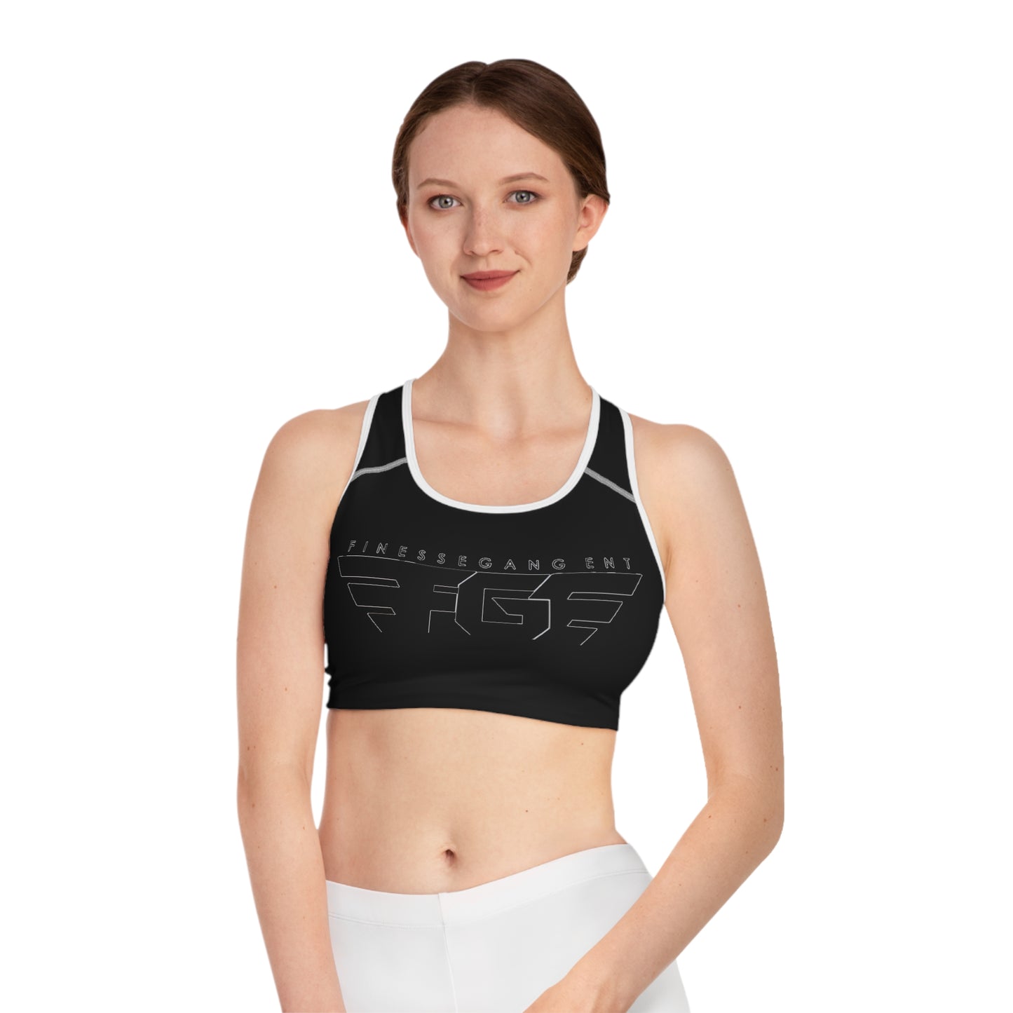 BLACK FinesseGang Logo Sports Bra — Black Athletic Crop Top